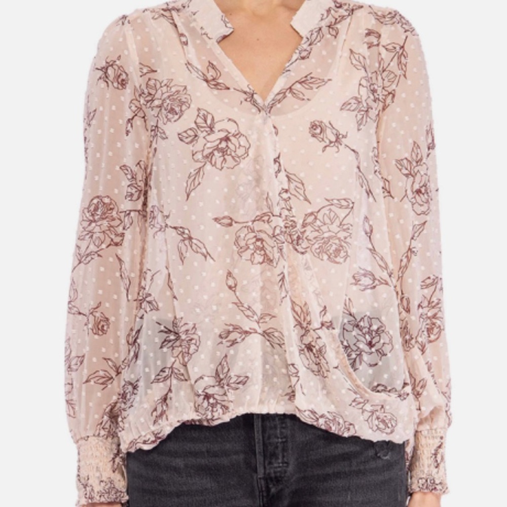 Bobeau NWOT Sheer Faux Wrap Blouse with Roses